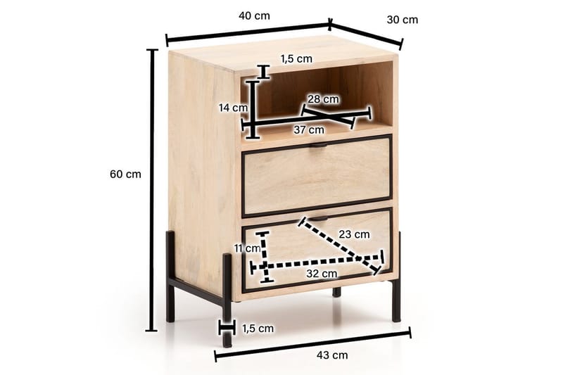 Sängbord Wohnling Massivt Mangoträ med 2 Lådor Ett Förvaringsfack - Möbler - Bord & matgrupp - Avlastningsbord & sidobord - Sängbord & nattduksbord