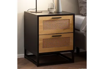 Sängbord Wohnling Massivt mangoträ med 2 lådor med Wiens flätverk i industriell stil - Möbler - Bord & matgrupp - Avlastningsbord & sidobord - Sängbord & nattduksbord