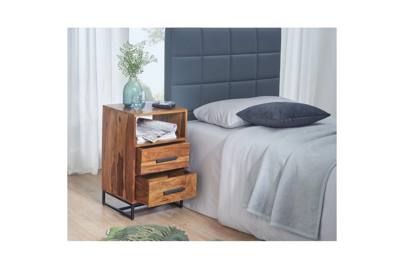 Sängbord Wohnling Massivt trä för kontinentalsängar med 2 lådor förvaringshylla lantlig stil - Möbler - Bord & matgrupp - Avlastningsbord & sidobord - Sängbord & nattduksbord