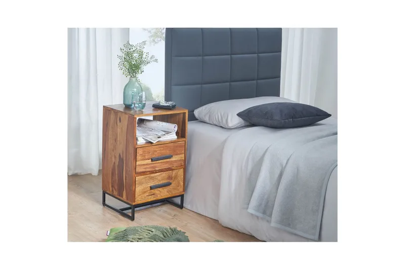 Sängbord Wohnling Massivt trä för kontinentalsängar med 2 lådor förvaringshylla lantlig stil - Möbler - Bord & matgrupp - Avlastningsbord & sidobord - Sängbord & nattduksbord