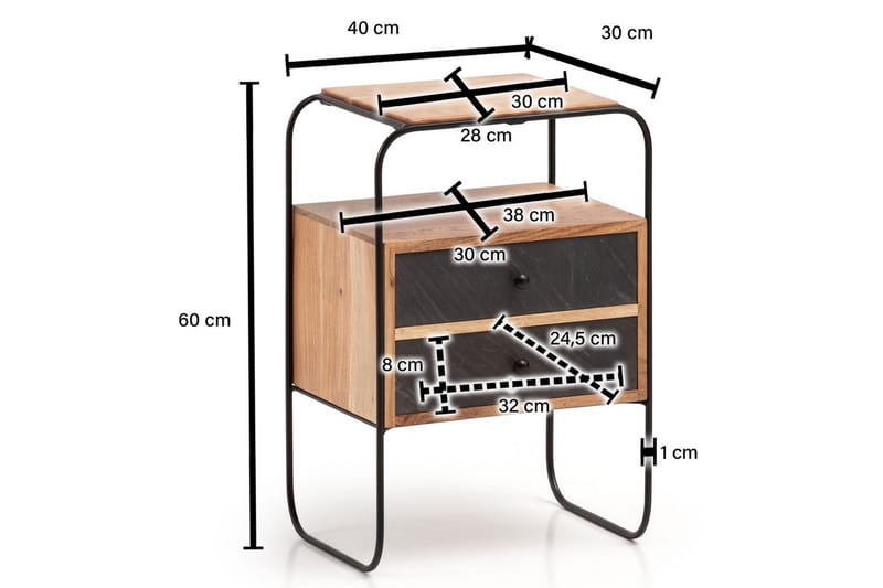 Sängbord Wohnling Massivt trä med 2 flytande lådor i en metallram - Möbler - Bord & matgrupp - Avlastningsbord & sidobord - Sängbord & nattduksbord