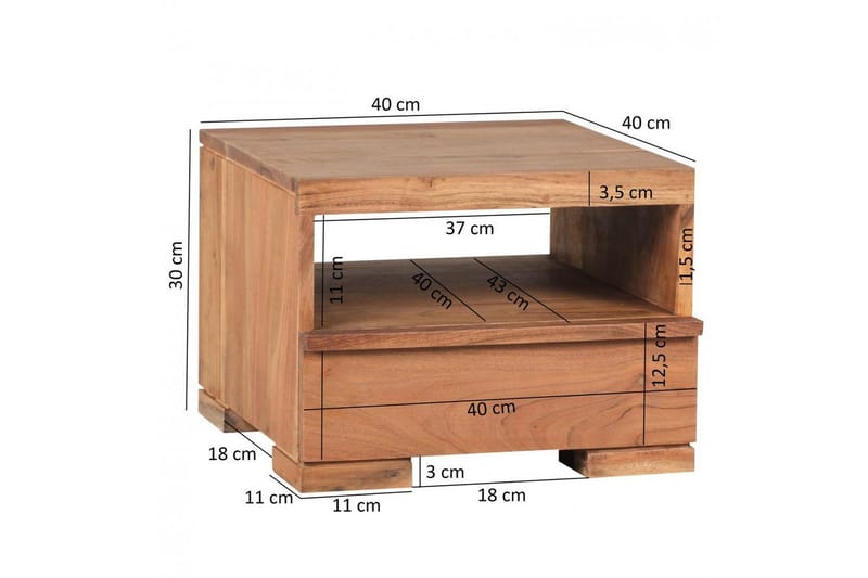 Sängbord Wohnling Massivt trä med låda och hylla i låg design i lantlig stil Akacia - Akacia - Möbler - Bord & matgrupp - Avlastningsbord & sidobord - Sängbord & nattduksbord