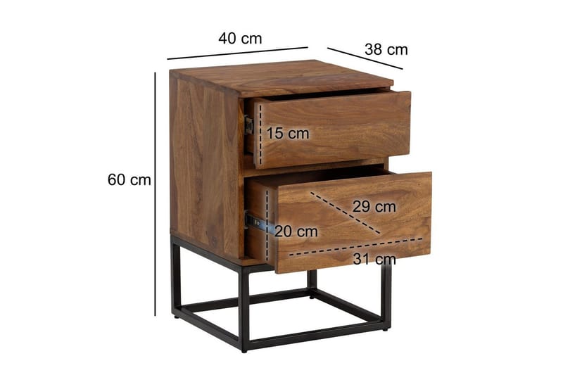 Sängbord Wohnling Modern look med 2 lådor tillverkade av massivt sheeshamträ i en industriell look - Möbler - Bord & matgrupp - Avlastningsbord & sidobord - Sängbord & nattduksbord