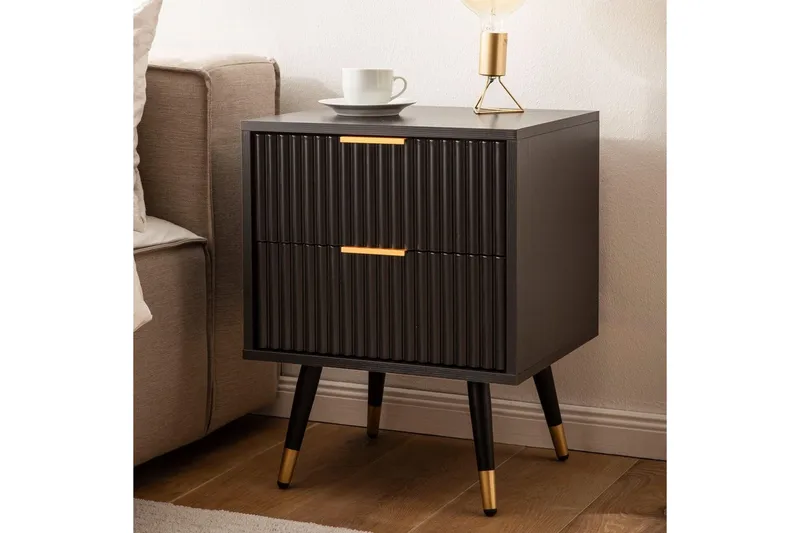 Sängbord Wohnling Modern look med 2 lådor tillverkade av spånskiva med ek-effekt glansiga höjdpunkter - Möbler - Bord & matgrupp - Avlastningsbord & sidobord - Sängbord & nattduksbord