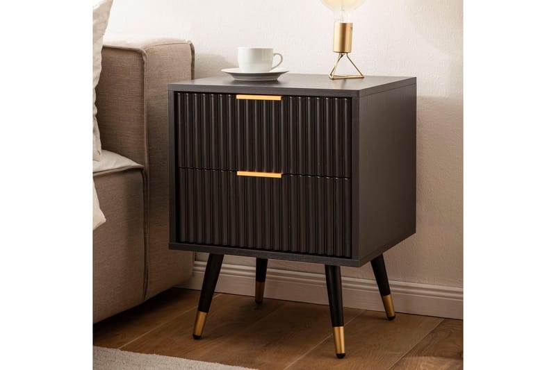 Sängbord Wohnling Modern look med 2 lådor tillverkade av spånskiva med ek-effekt glansiga höjdpunkter - Möbler - Bord & matgrupp - Avlastningsbord & sidobord - Sängbord & nattduksbord
