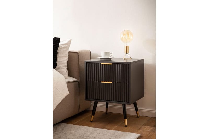 Sängbord Wohnling Modern look med 2 lådor tillverkade av spånskiva med ek-effekt glansiga höjdpunkter - Möbler - Bord & matgrupp - Avlastningsbord & sidobord - Sängbord & nattduksbord