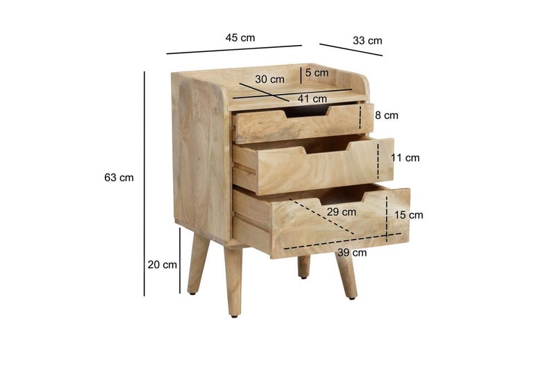 Sängbord Wohnling Modern look med 3 lådor tillverkade av massivt mangoträ en förvaringshylla - Möbler - Bord & matgrupp - Avlastningsbord & sidobord - Sängbord & nattduksbord