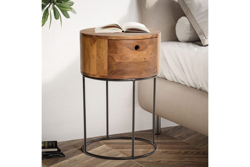 Sängbord Wohnling rund, massivt trä med 1 låda i modern stil mörkbrun - mörkbrun - Möbler - Bord & matgrupp - Avlastningsbord & sidobord - Sängbord & nattduksbord
