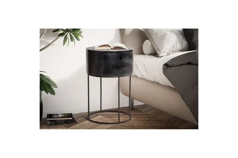 Sängbord Wohnling rund, massivt trä med 1 låda i modern stil Svart - Svart - Möbler - Bord & matgrupp - Avlastningsbord & sidobord - Sängbord & nattduksbord