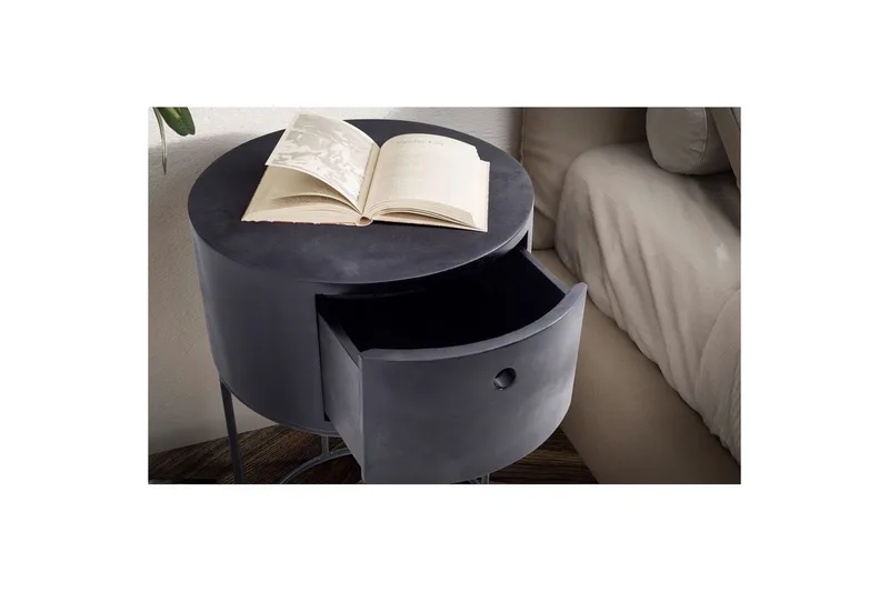 Sängbord Wohnling rund, massivt trä med 1 låda i modern stil Svart - Svart - Möbler - Bord & matgrupp - Avlastningsbord & sidobord - Sängbord & nattduksbord