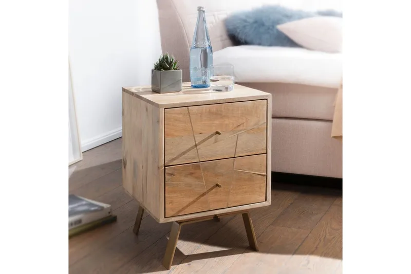 Sängbord Wohnling SIKAR massivt mangoträ för boxfjädersäng metallinlägg 2 lådor - Möbler - Bord & matgrupp - Avlastningsbord & sidobord - Sängbord & nattduksbord