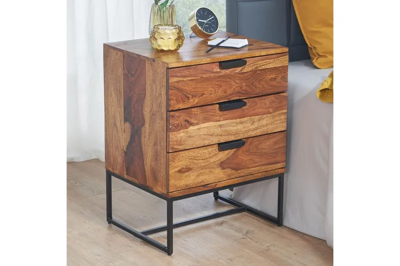 Sängbord Wohnling Tillverkad av massivt trä för boxspring-säng med 3 lådor lantlig stil - Förvaring - Förvaringsmöbler - Byrå - Hallbyrå