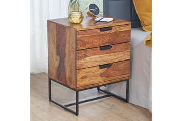 Sängbord Wohnling Tillverkad av massivt trä för boxspring-säng med 3 lådor lantlig stil - Möbler - Bord & matgrupp - Avlastningsbord & sidobord - Sängbord & nattduksbord