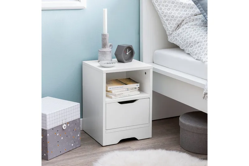 Sängbord Wohnling Vit med 1 låda Enkel modern design och hylla - Möbler - Bord & matgrupp - Avlastningsbord & sidobord - Sängbord & nattduksbord