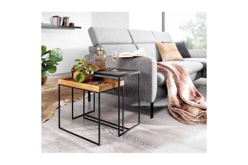 Satsbord Wohnling Set med 2 i massivt trä brickstil stenoptik industriell - Möbler - Bord & matgrupp - Avlastningsbord & sidobord - Satsbord
