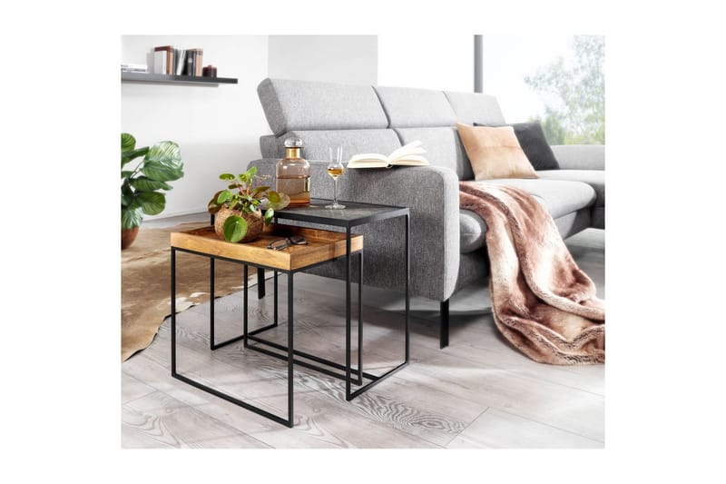 Satsbord Wohnling Set med 2 i massivt trä brickstil stenoptik industriell - Möbler - Bord & matgrupp - Avlastningsbord & sidobord - Lampbord & sidobord