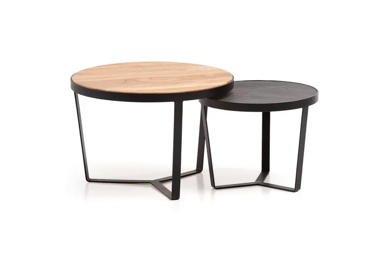 Satsbord Wohnling Set med 2 runda massivt trä och steneffekt, designad metallbas, lantlig stil Svart, akacia, Svart, akacia
