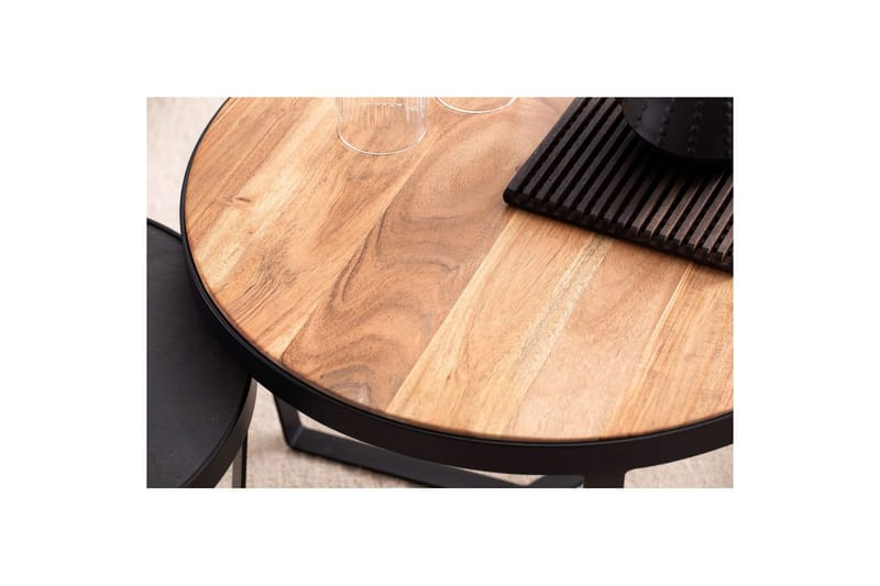 Satsbord Wohnling Set med 2 runda massivt trä och steneffekt, designad metallbas, lantlig stil Svart, akacia - Svart, akacia - Möbler - Bord & matgrupp - Avlastningsbord & sidobord - Satsbord