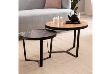 Satsbord Wohnling Set med 2 runda massivt trä och steneffekt, designad metallbas, lantlig stil Svart, akacia - Svart, akacia - Möbler - Bord & matgrupp - Avlastningsbord & sidobord - Satsbord