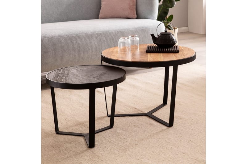 Satsbord Wohnling Set med 2 runda massivt trä och steneffekt, designad metallbas, lantlig stil Svart, akacia - Svart, akacia - Möbler - Bord & matgrupp - Avlastningsbord & sidobord - Satsbord