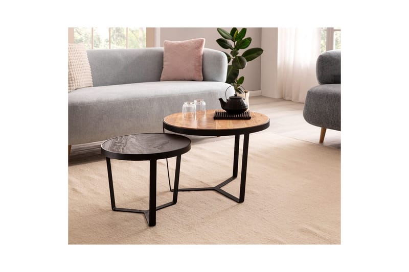 Satsbord Wohnling Set med 2 runda massivt trä och steneffekt, designad metallbas, lantlig stil Svart, akacia - Svart, akacia - Möbler - Bord & matgrupp - Avlastningsbord & sidobord - Satsbord