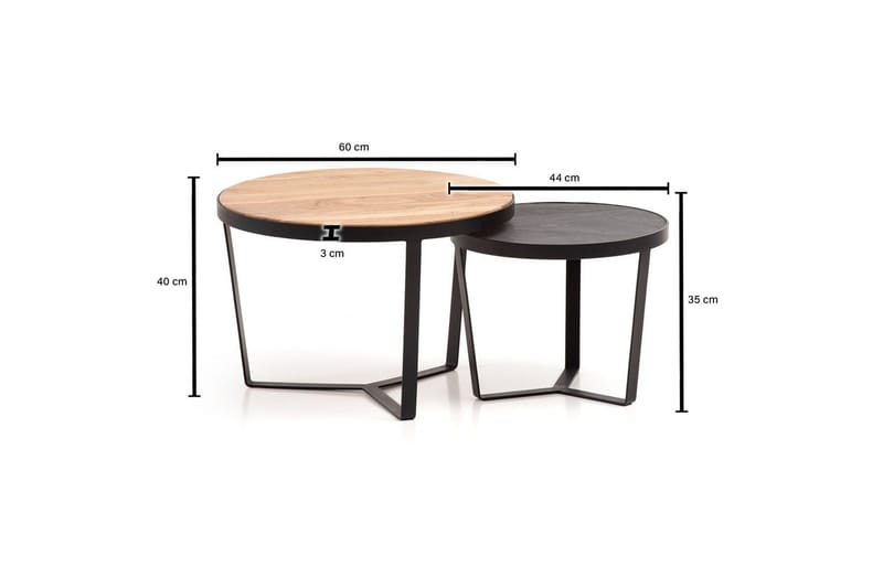 Satsbord Wohnling Set med 2 runda massivt trä och steneffekt, designad metallbas, lantlig stil Svart, akacia - Svart, akacia - Möbler - Bord & matgrupp - Avlastningsbord & sidobord - Satsbord