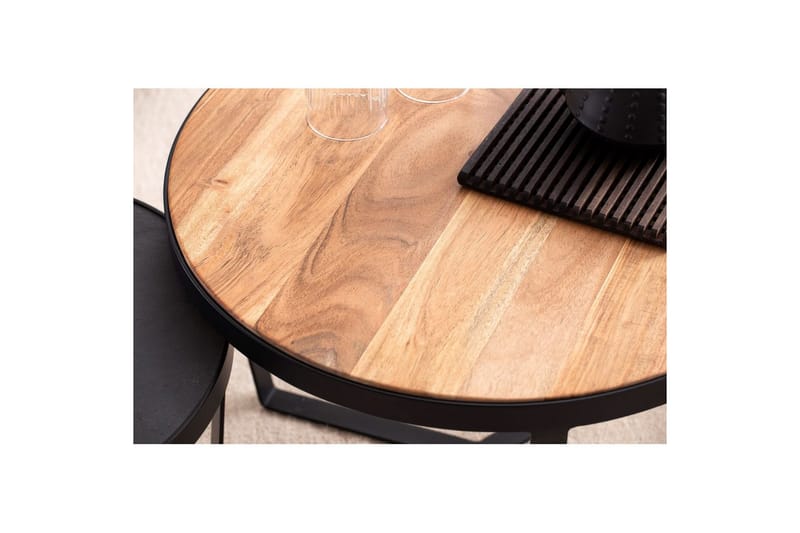 Satsbord Wohnling Set med 2 runda massivt trä och steneffekt, designad metallbas, lantlig stil Svart, akacia - Svart, akacia - Möbler - Bord & matgrupp - Avlastningsbord & sidobord - Satsbord