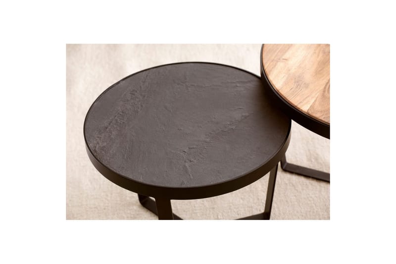 Satsbord Wohnling Set med 2 runda massivt trä och steneffekt, designad metallbas, lantlig stil Svart, akacia - Svart, akacia - Möbler - Bord & matgrupp - Avlastningsbord & sidobord - Satsbord