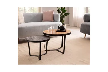 Satsbord Wohnling Set med 2 runda massivt trä och steneffekt, designad metallbas, lantlig stil Svart, akacia - Svart, akacia - Möbler - Bord & matgrupp - Avlastningsbord & sidobord - Satsbord