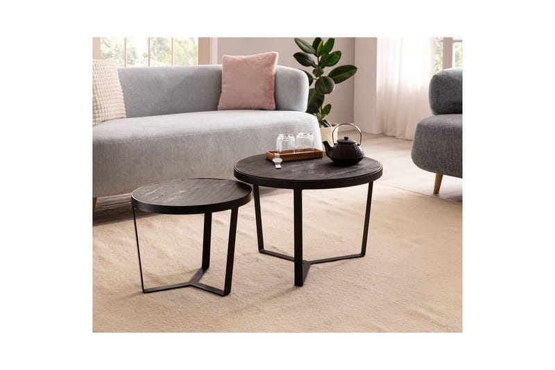Satsbord Wohnling Set med 2 runda massivt trä och steneffekt, designad metallbas, lantlig stil Svart, svart - Svart, svart - Möbler - Bord & matgrupp - Avlastningsbord & sidobord - Satsbord