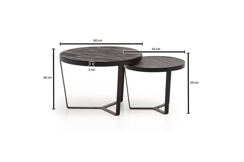 Satsbord Wohnling Set med 2 runda massivt trä och steneffekt, designad metallbas, lantlig stil Svart, svart - Svart, svart - Möbler - Bord & matgrupp - Avlastningsbord & sidobord - Satsbord