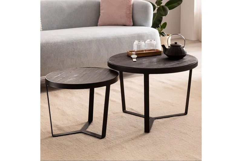 Satsbord Wohnling Set med 2 runda massivt trä och steneffekt, designad metallbas, lantlig stil Svart, svart - Svart, svart - Möbler - Bord & matgrupp - Avlastningsbord & sidobord - Satsbord