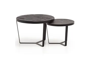 Satsbord Wohnling Set med 2 runda massivt trä och steneffekt, designad metallbas, lantlig stil Svart, svart - Svart, svart - Möbler - Bord & matgrupp - Avlastningsbord & sidobord - Satsbord