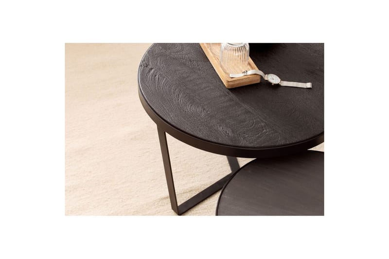 Satsbord Wohnling Set med 2 runda massivt trä och steneffekt, designad metallbas, lantlig stil Svart, svart - Svart, svart - Möbler - Bord & matgrupp - Avlastningsbord & sidobord - Satsbord