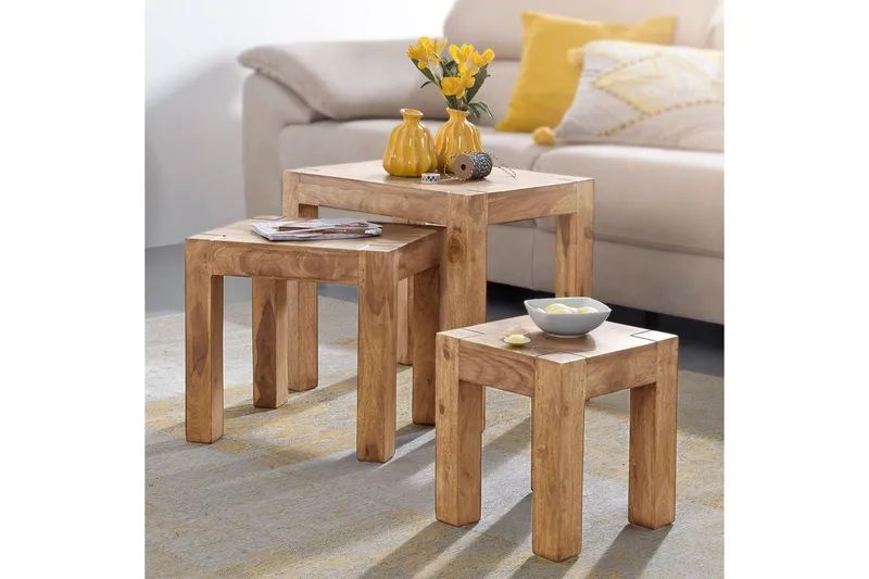 Satsbord Wohnling Set med 3 massivt trä, 4-benta bord, lantlig stil Akacia - Akacia - Möbler - Bord & matgrupp - Avlastningsbord & sidobord - Satsbord