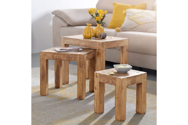 Satsbord Wohnling Set med 3 massivt trä, 4-benta bord, lantlig stil Akacia - Akacia - Möbler - Bord & matgrupp - Avlastningsbord & sidobord - Satsbord