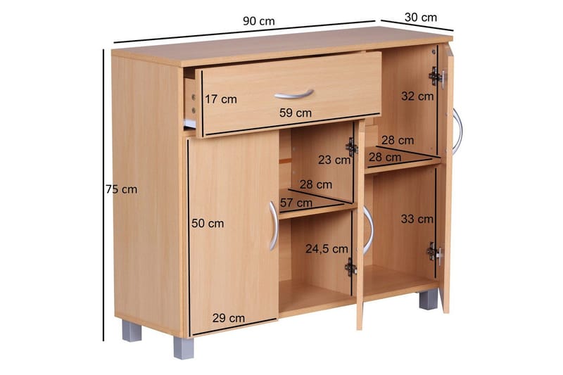 Sideboard Wohnling folierad spånskiva 90x75 cm, 3 dörrar 1 låda, modern stil Bok - Bok - Möbler - Bord & matgrupp - Avlastningsbord & sidobord - Konsolbord & hallbord