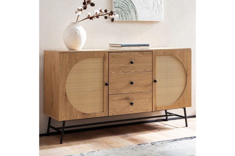 Sideboard Wohnling Folierad spånskiva ekoptik halvcirkel rottingväv look 2 dörrar 3 lådor modern - Möbler - Bord & matgrupp - Avlastningsbord & sidobord - Konsolbord & hallbord
