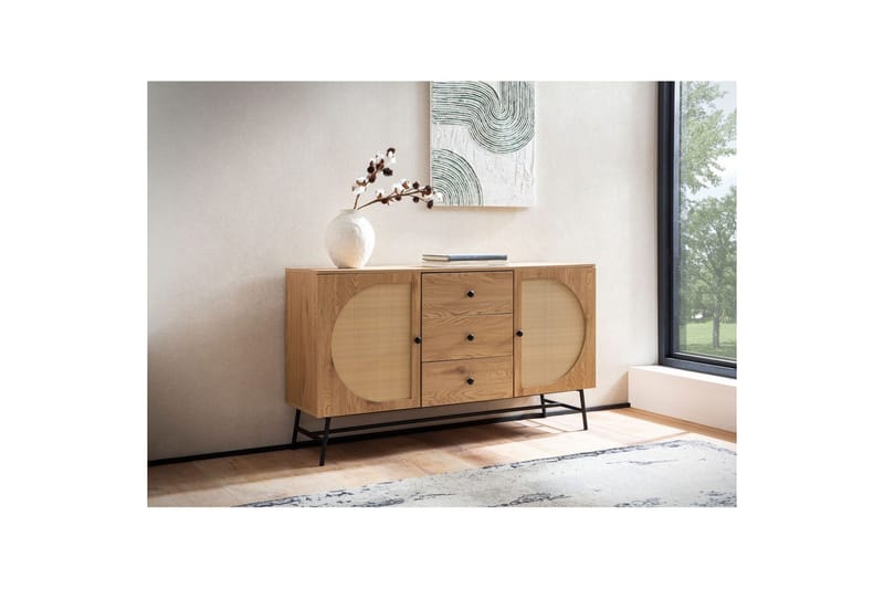 Sideboard Wohnling Folierad spånskiva ekoptik halvcirkel rottingväv look 2 dörrar 3 lådor modern - Möbler - Bord & matgrupp - Avlastningsbord & sidobord - Konsolbord & hallbord