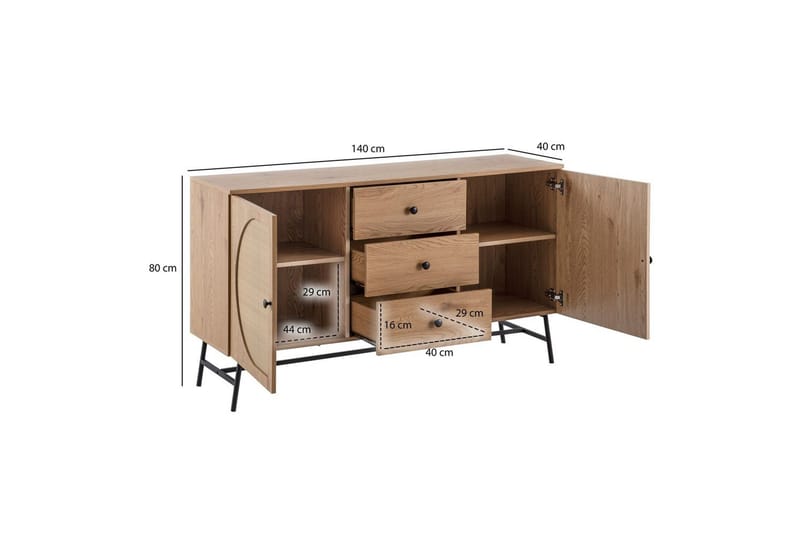 Sideboard Wohnling Folierad spånskiva ekoptik halvcirkel rottingväv look 2 dörrar 3 lådor modern - Möbler - Bord & matgrupp - Avlastningsbord & sidobord - Konsolbord & hallbord