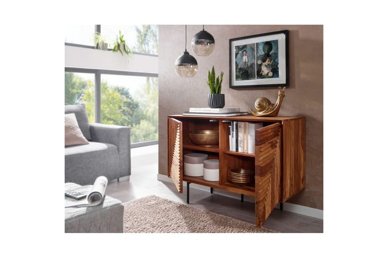 Sideboard Wohnling massivt trä, 3D geometrisk front, tryck-öppna, industriell loftstil 100 cm - 100 cm - Möbler - Bord & matgrupp - Avlastningsbord & sidobord - Konsolbord & hallbord