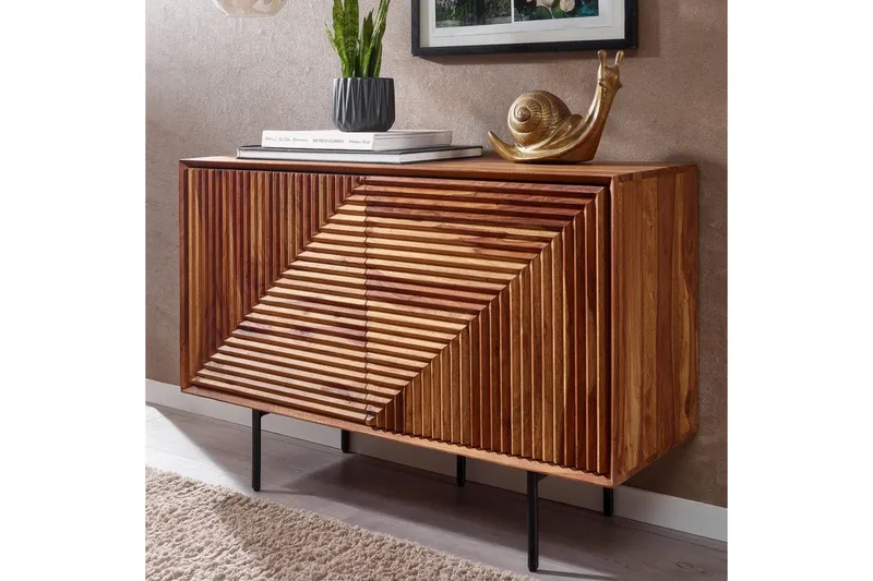 Sideboard Wohnling massivt trä, 3D geometrisk front, tryck-öppna, industriell loftstil 100 cm - 100 cm - Möbler - Bord & matgrupp - Avlastningsbord & sidobord - Konsolbord & hallbord