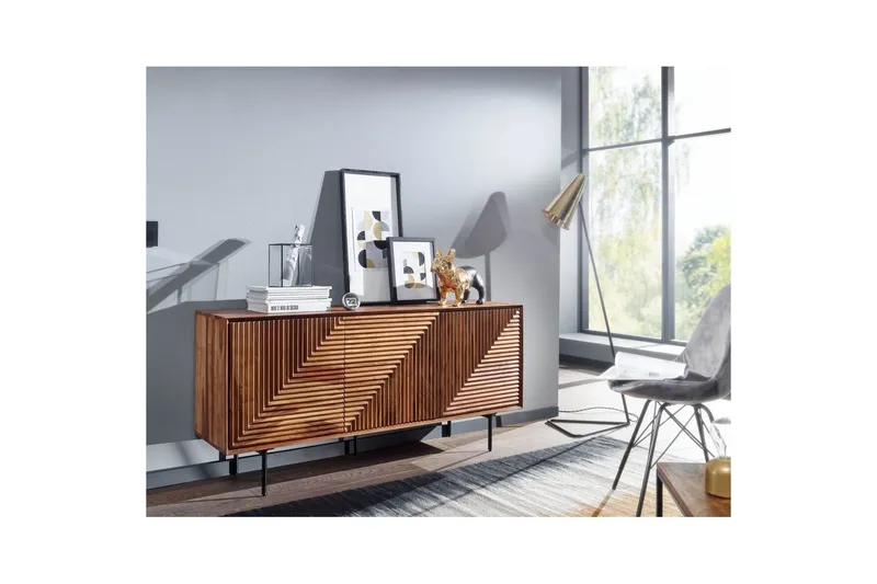 Sideboard Wohnling massivt trä, 3D geometrisk front, tryck-öppna, industriell loftstil 148 cm - 148 cm - Förvaring - Förvaringsmöbler - Sideboard & skänk