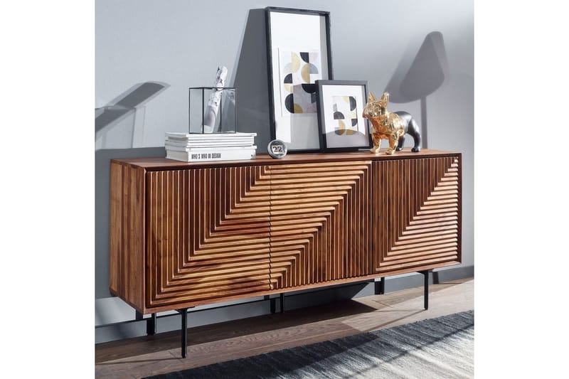 Sideboard Wohnling massivt trä, 3D geometrisk front, tryck-öppna, industriell loftstil 148 cm - 148 cm - Möbler - Bord & matgrupp - Avlastningsbord & sidobord - Konsolbord & hallbord