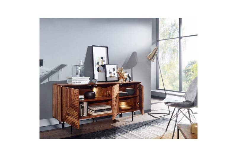 Sideboard Wohnling massivt trä, 3D geometrisk front, tryck-öppna, industriell loftstil 148 cm - 148 cm - Möbler - Bord & matgrupp - Avlastningsbord & sidobord - Konsolbord & hallbord