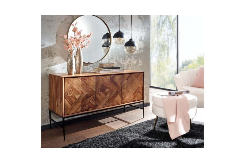 Sideboard Wohnling Massivt trä, triangulär optisk inläggning, 123 cm med 3 dörrar, industriell - Möbler - Bord & matgrupp - Avlastningsbord & sidobord - Konsolbord & hallbord