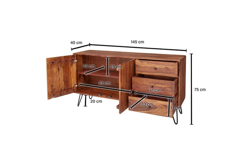 Sideboard Wohnling Massivt trä 145 cm med 3 lådor 1 dörr hårnålsben industriell - Möbler - Bord & matgrupp - Avlastningsbord & sidobord - Piedestal & blompiedestal