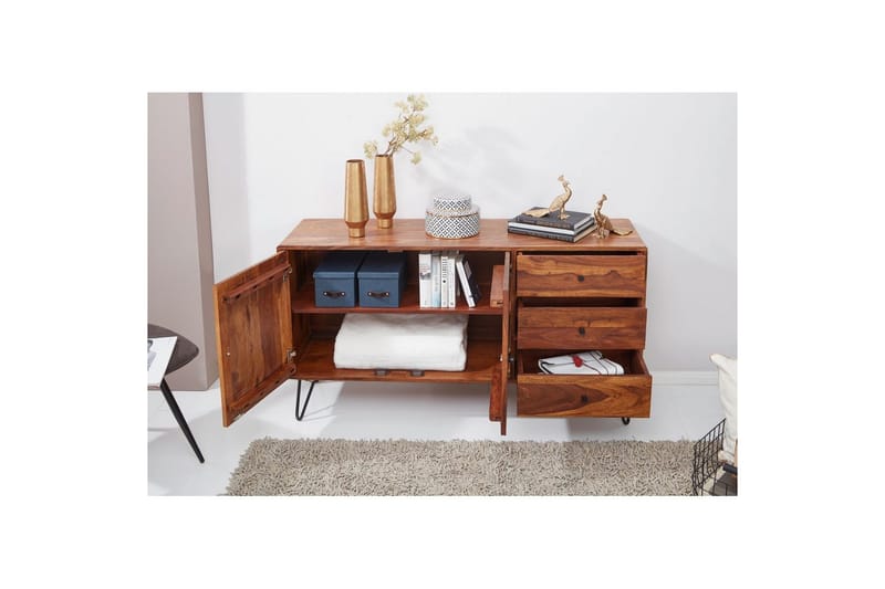 Sideboard Wohnling Massivt trä 145 cm med 3 lådor 1 dörr hårnålsben industriell - Möbler - Bord & matgrupp - Avlastningsbord & sidobord - Piedestal & blompiedestal