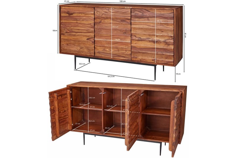Sideboard Wohnling Massivt trä dörrar med tryck-öppning 150 cm filigrana metallben industriell - Möbler - Bord & matgrupp - Avlastningsbord & sidobord - Konsolbord & hallbord