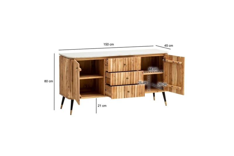 Sideboard Wohnling Massivt trä riktig marmoryta 150 cm 2 dörrar 3 lådor modern - Möbler - Bord & matgrupp - Avlastningsbord & sidobord - Piedestal & blompiedestal
